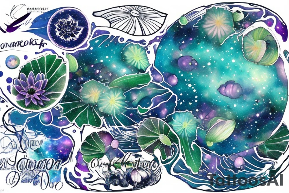 waterlilies surrounding a quote "non ducor, duco" within a galaxy tattoo idea