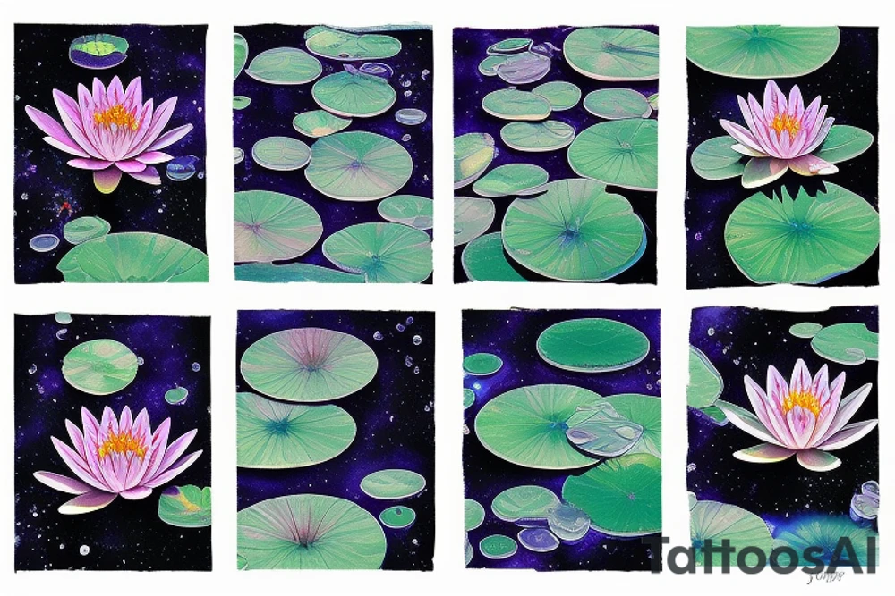 waterlilies surrounding a quote "non ducor, duco" within a galaxy tattoo idea