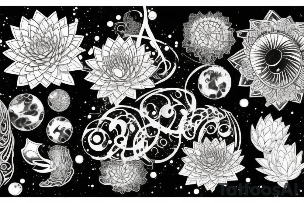 waterlilies surrounding a quote "non ducor, duco" within a galaxy tattoo idea