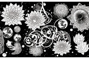 waterlilies surrounding a quote "non ducor, duco" within a galaxy tattoo idea