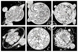 waterlilies surrounding a quote "non ducor, duco" within a galaxy tattoo idea