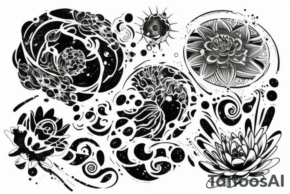 waterlilies surrounding a quote "non ducor, duco" within a galaxy tattoo idea