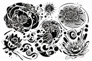waterlilies surrounding a quote "non ducor, duco" within a galaxy tattoo idea