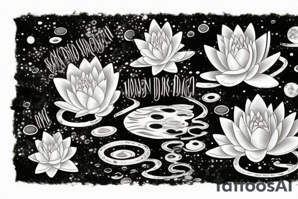 waterlilies surrounding a quote "non ducor, duco" within a galaxy tattoo idea