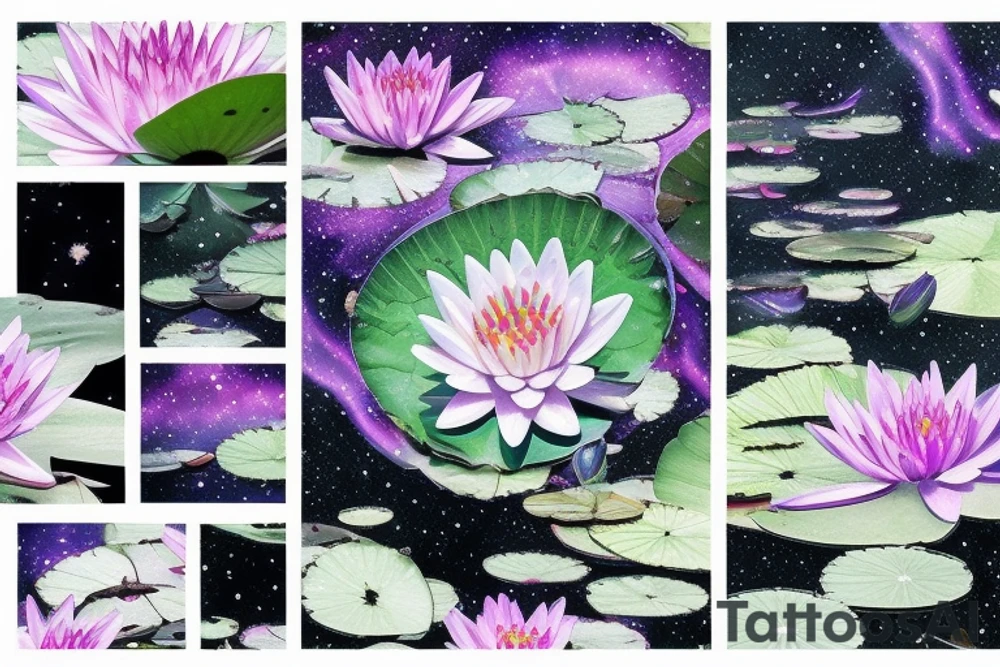 waterlilies surrounding a quote "non ducor, duco" within a galaxy tattoo idea
