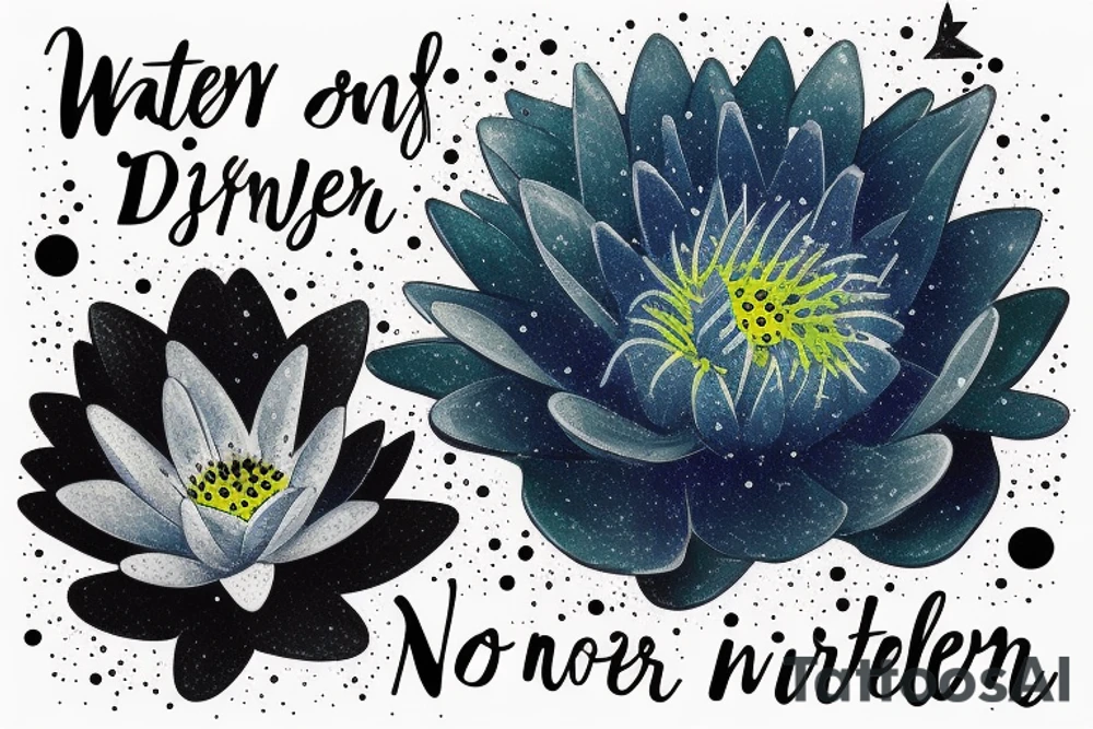 waterlilies surrounding a quote "non ducor, duco" within a galaxy tattoo idea