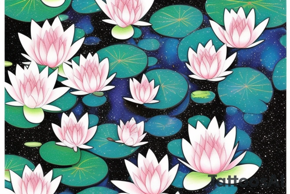 waterlilies surrounding a quote "non ducor, duco" within a galaxy tattoo idea