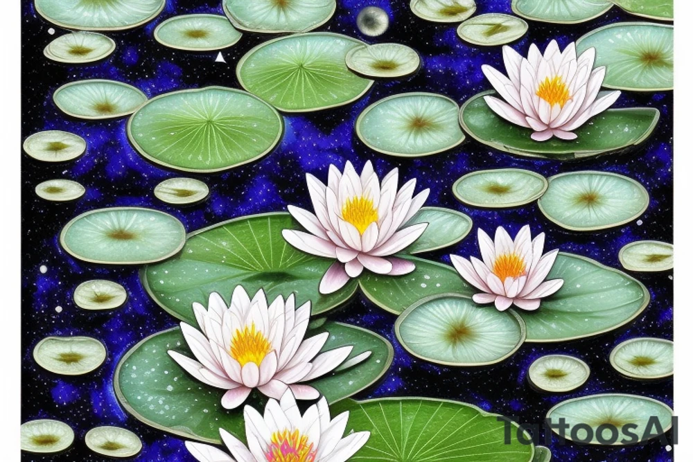 waterlilies surrounding a quote "non ducor, duco" within a galaxy tattoo idea