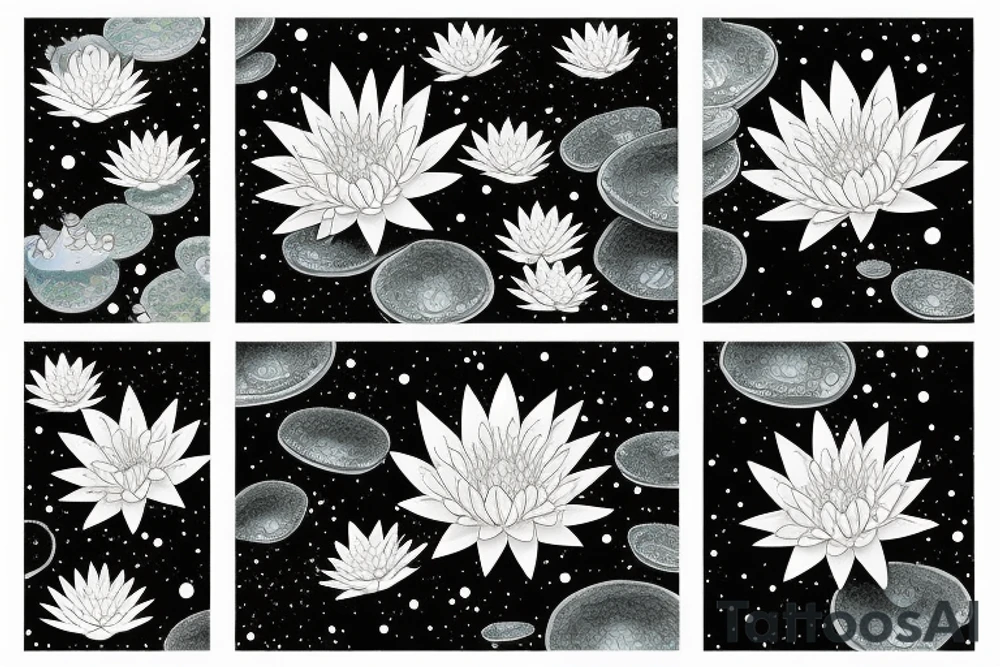waterlilies surrounding a quote "non ducor, duco" within a galaxy tattoo idea