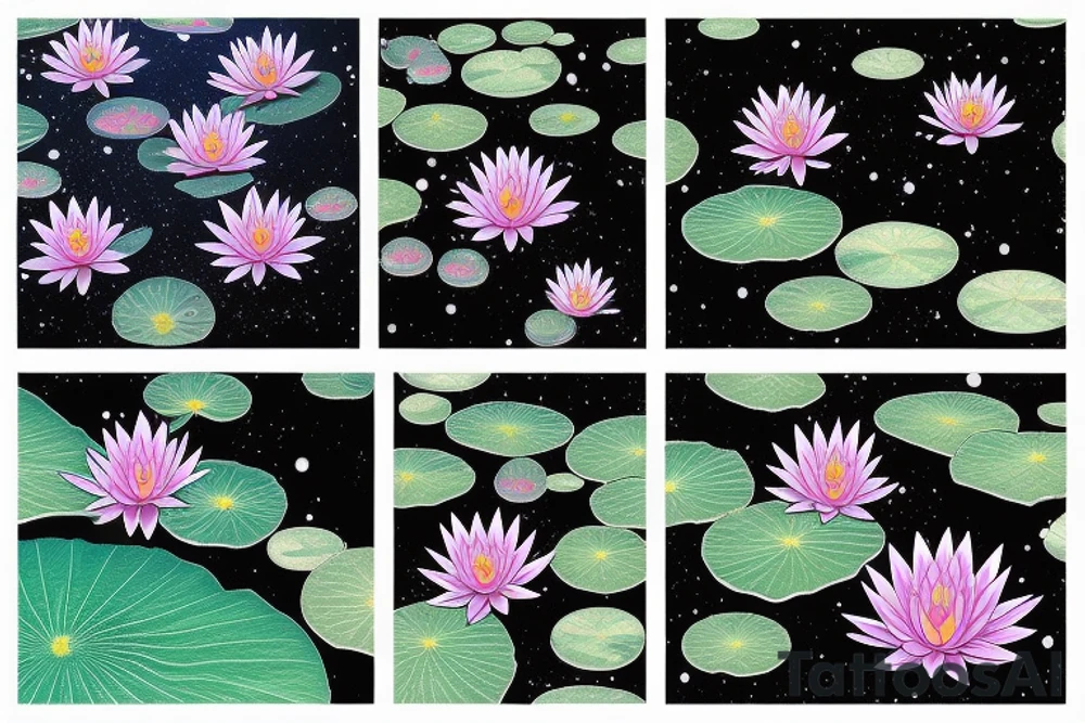 waterlilies surrounding a quote "non ducor, duco" within a galaxy tattoo idea