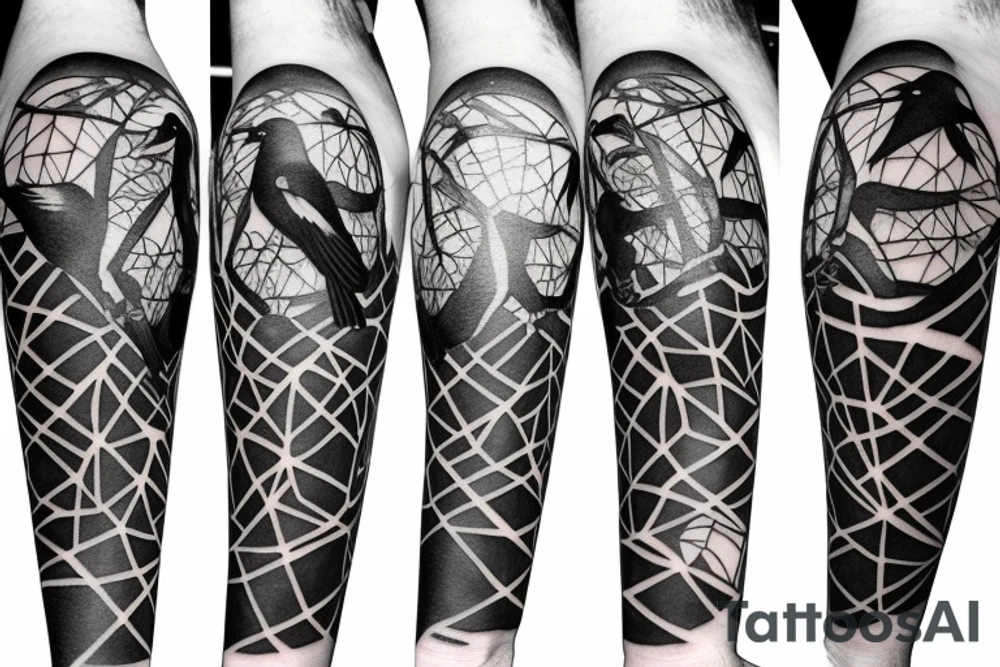 Crow flying from a tree with geometric shapes tattoo idea Crow flying from a tree with geometric shapes tattoo idea
