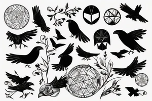 Crow flying from a tree with geometric shapes tattoo idea