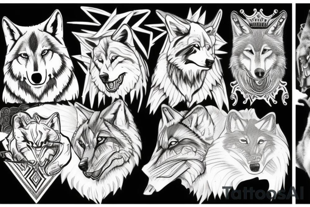 Three Wolves around a warrior king in a throne tattoo idea Three Wolves around a warrior king in a throne tattoo idea