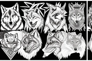Three Wolves around a warrior king in a throne tattoo idea