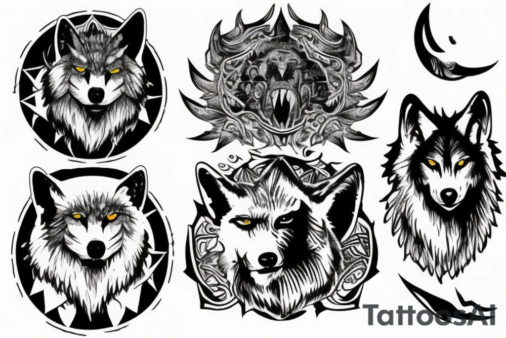 Three Wolves around a warrior king in a throne tattoo idea Three Wolves around a warrior king in a throne tattoo idea