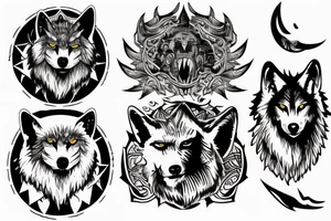 Three Wolves around a warrior king in a throne tattoo idea