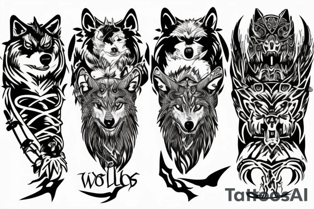 Three Wolves around a warrior king in a throne tattoo idea