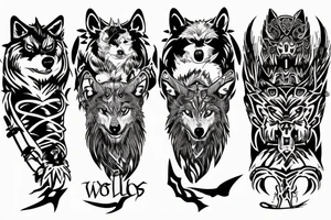 Three Wolves around a warrior king in a throne tattoo idea