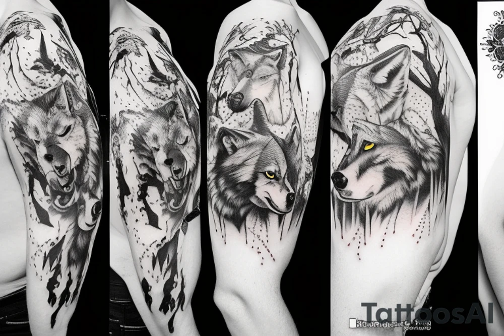 Three Wolves around a warrior king in a throne tattoo idea