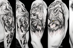 Three Wolves around a warrior king in a throne tattoo idea