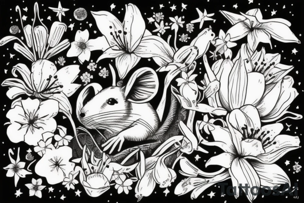 Mouse from Alice in Wonderland, surrounded by stargazing lilies and a quote "non ducor, duco" tattoo idea