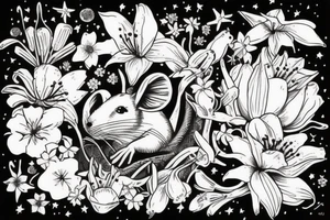 Mouse from Alice in Wonderland, surrounded by stargazing lilies and a quote "non ducor, duco" tattoo idea