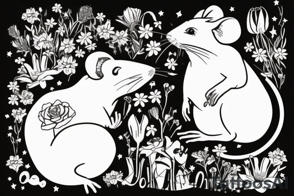 Mouse from Alice in Wonderland, surrounded by stargazing lilies and a quote "non ducor, duco" tattoo idea