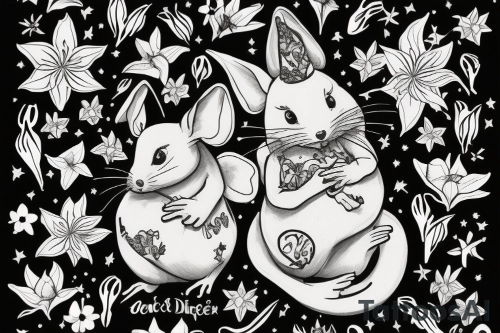 Mouse from Alice in Wonderland, surrounded by stargazing lilies and a quote "non ducor, duco" tattoo idea