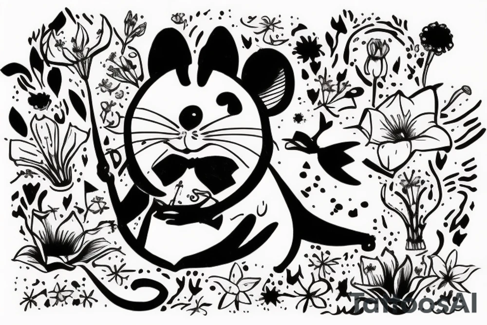 Mouse from Alice in Wonderland, surrounded by stargazing lilies and a quote "non ducor, duco" tattoo idea