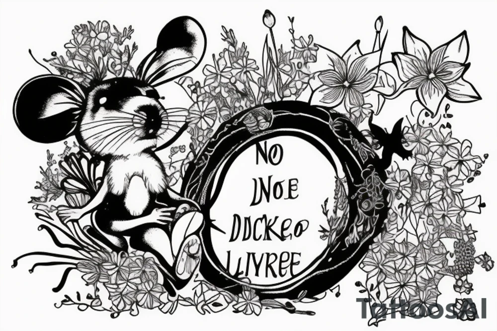 Mouse from Alice in Wonderland, surrounded by stargazing lilies and a quote "non ducor, duco" tattoo idea
