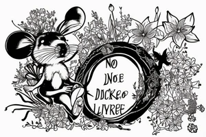 Mouse from Alice in Wonderland, surrounded by stargazing lilies and a quote "non ducor, duco" tattoo idea