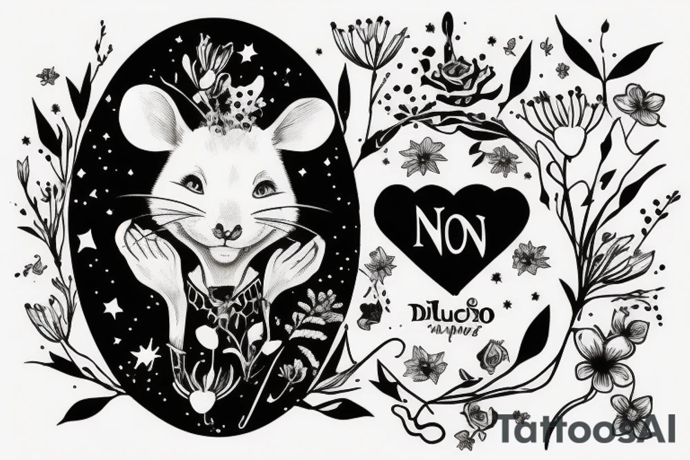 Mouse from Alice in Wonderland, surrounded by stargazing lilies and a quote "non ducor, duco" tattoo idea