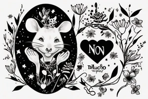 Mouse from Alice in Wonderland, surrounded by stargazing lilies and a quote "non ducor, duco" tattoo idea
