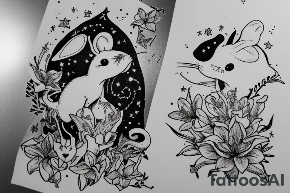 Mouse from Alice in Wonderland, surrounded by stargazing lilies and a quote "non ducor, duco" tattoo idea