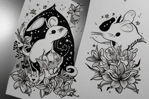 Mouse from Alice in Wonderland, surrounded by stargazing lilies and a quote "non ducor, duco" tattoo idea
