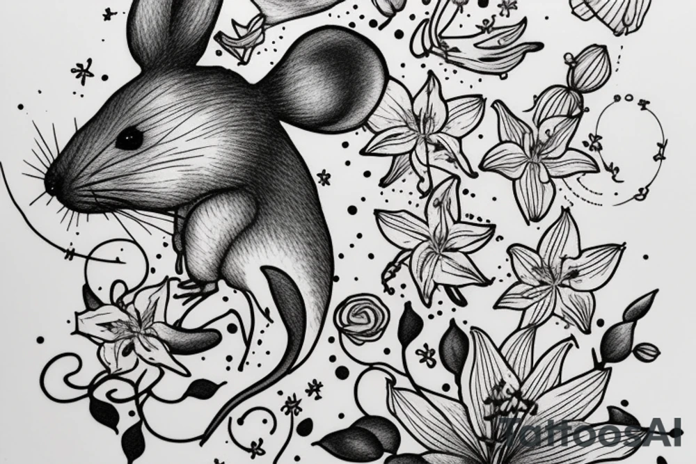 Mouse from Alice in Wonderland, surrounded by stargazing lilies and a quote "non ducor, duco" tattoo idea