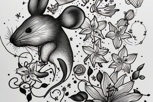 Mouse from Alice in Wonderland, surrounded by stargazing lilies and a quote "non ducor, duco" tattoo idea