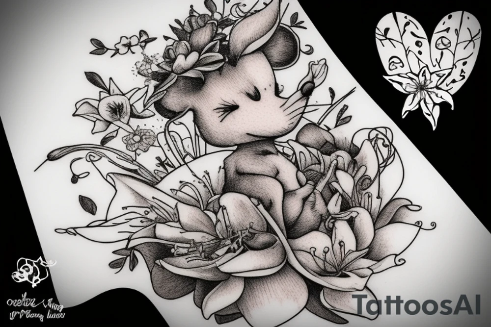 Mouse from Alice in Wonderland, surrounded by stargazing lilies and a quote "non ducor, duco" tattoo idea