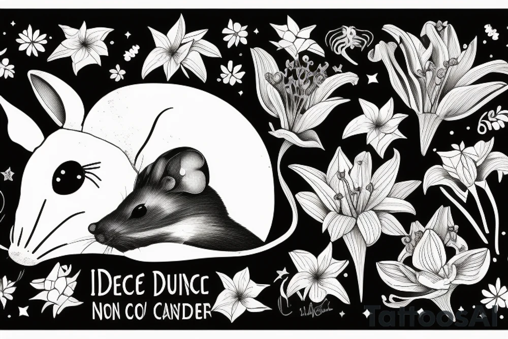 Mouse from Alice in Wonderland, surrounded by stargazing lilies and a quote "non ducor, duco" tattoo idea