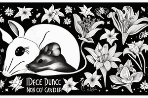 Mouse from Alice in Wonderland, surrounded by stargazing lilies and a quote "non ducor, duco" tattoo idea