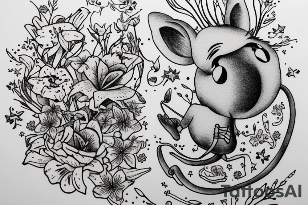 Mouse from Alice in Wonderland, surrounded by stargazing lilies and a quote "non ducor, duco" tattoo idea