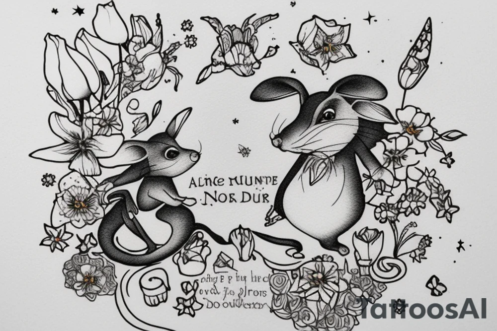 Mouse from Alice in Wonderland, surrounded by stargazing lilies and a quote "non ducor, duco" tattoo idea