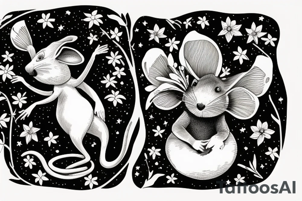 Mouse from Alice in Wonderland, surrounded by stargazing lilies and a quote "non ducor, duco" tattoo idea
