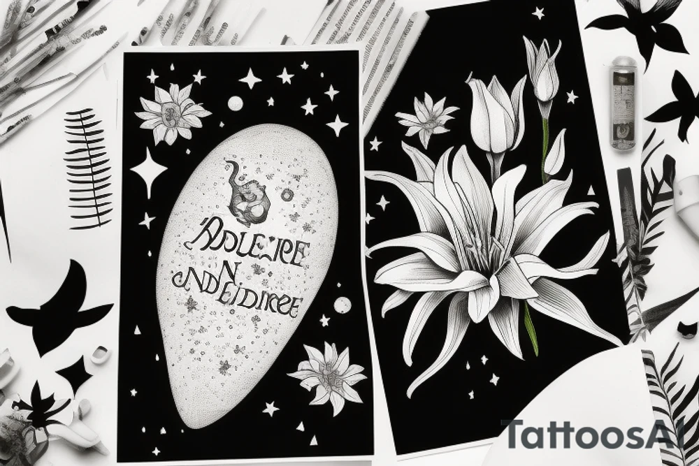 Mouse from Alice in Wonderland, surrounded by stargazing lilies and a quote "non ducor, duco" tattoo idea