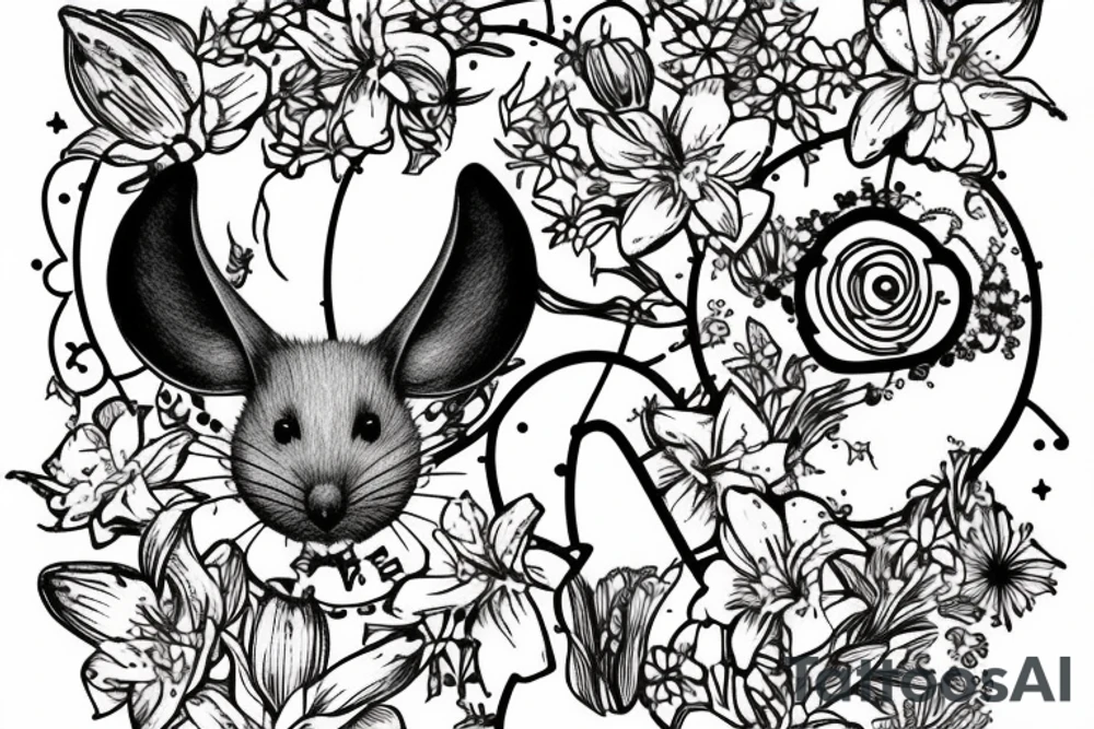 Mouse from Alice in Wonderland, surrounded by stargazing lilies and a quote "non ducor, duco" tattoo idea