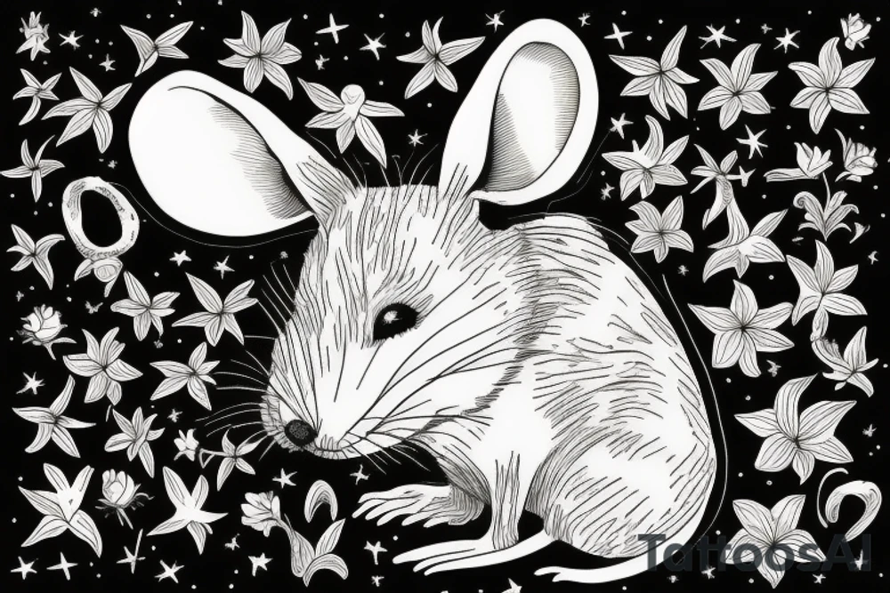 Mouse from Alice in Wonderland, surrounded by stargazing lilies and a quote "non ducor, duco" tattoo idea