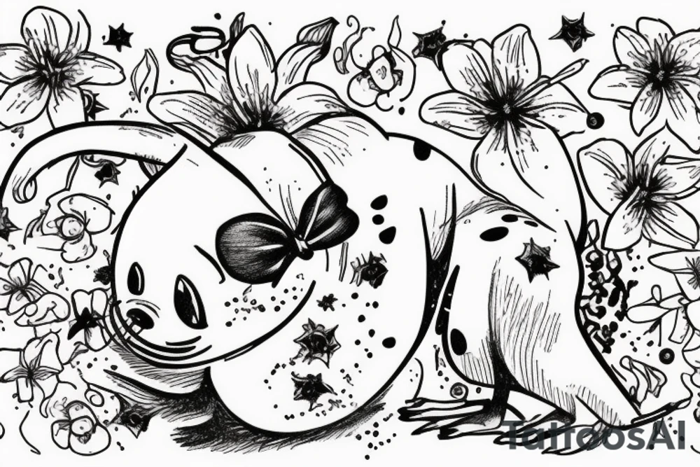 Mouse from Alice in Wonderland, surrounded by stargazing lilies and a quote "non ducor, duco" tattoo idea