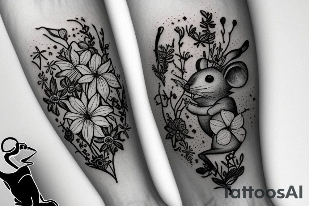 Mouse from Alice in Wonderland, surrounded by stargazing lilies and a quote "non ducor, duco" tattoo idea