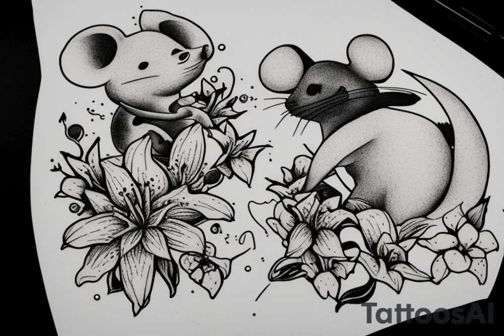 Mouse from Alice in Wonderland, surrounded by stargazing lilies and a quote "non ducor, duco" tattoo idea