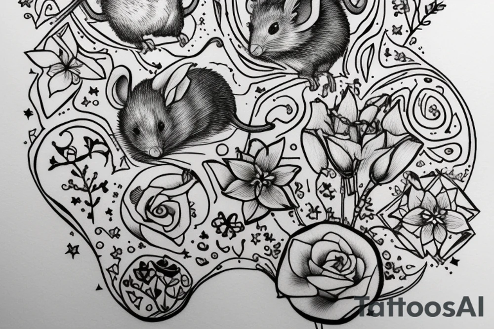 Mouse from Alice in Wonderland, surrounded by stargazing lilies and a quote "non ducor, duco" tattoo idea